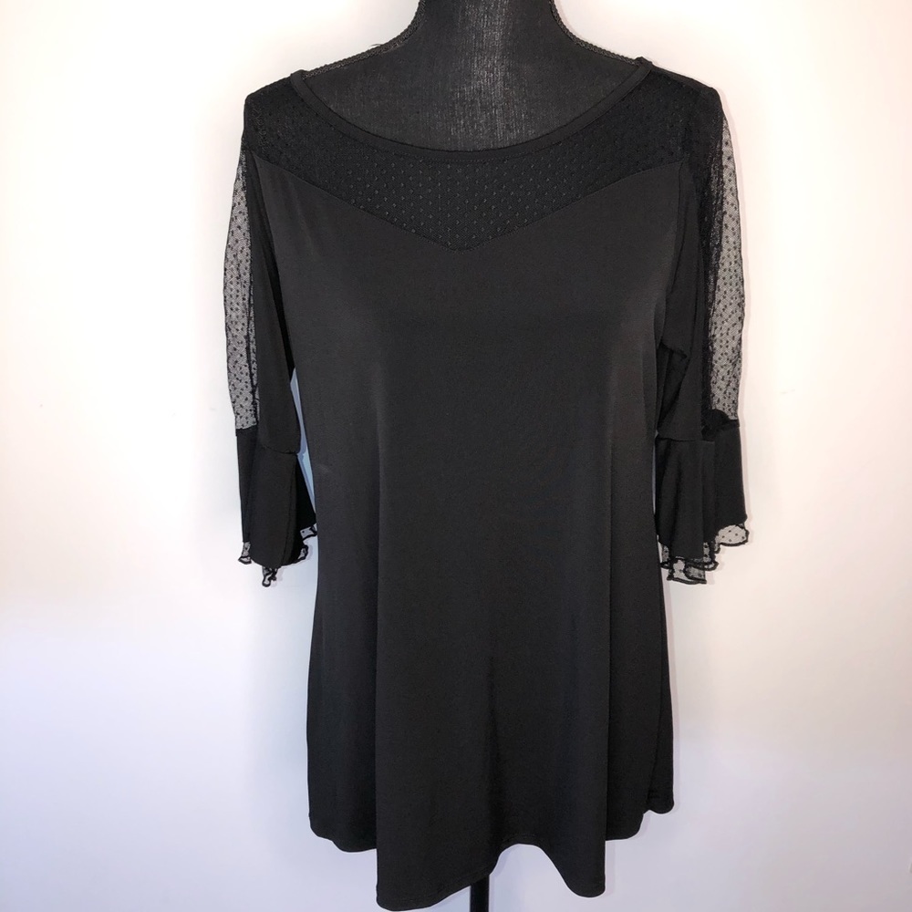 Belldini Black Dot Mesh Accent 3/4 Sleeve Blouse